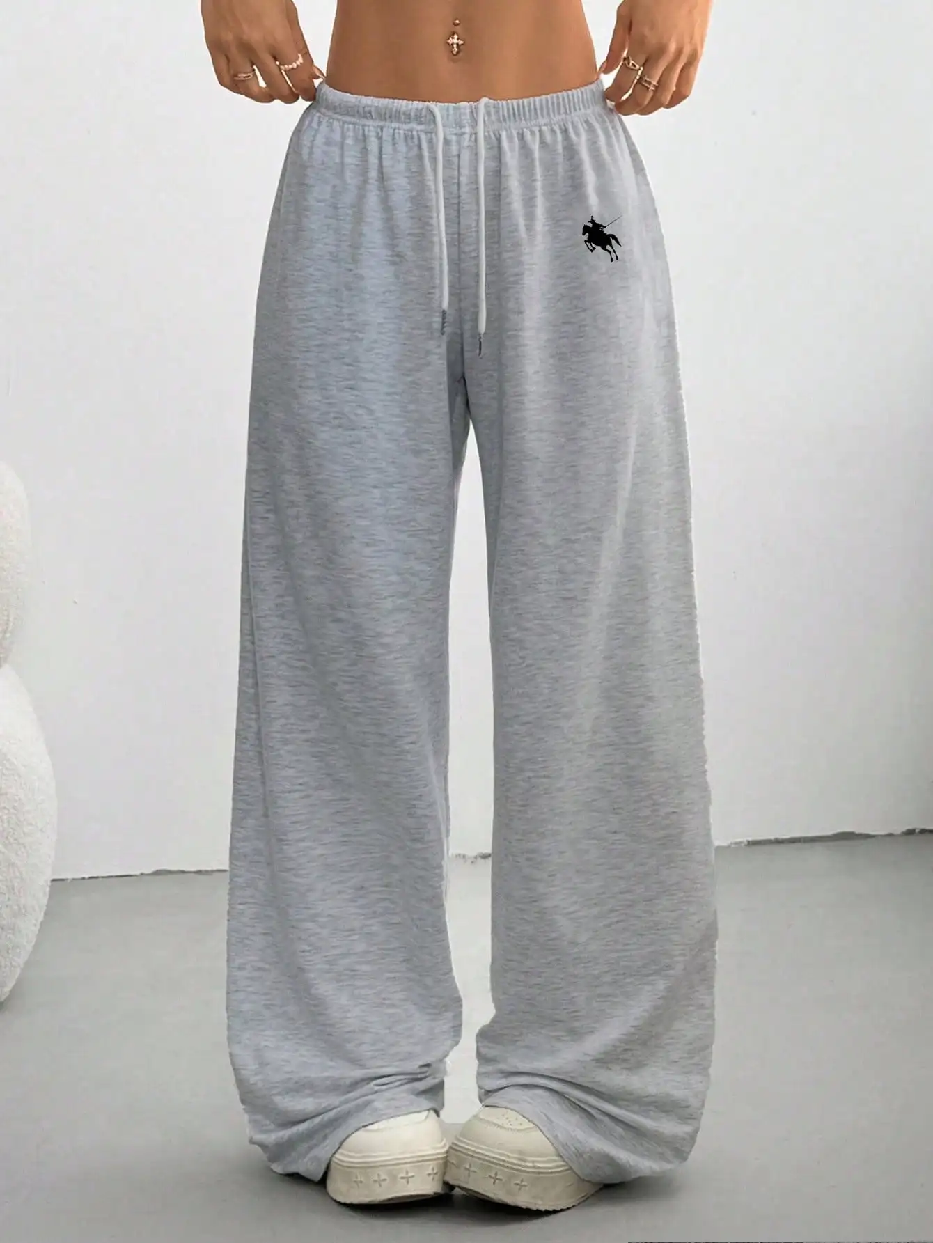 

Women's Gray Loose Drawstring Waist Sweatpants with Small Equestrian Graphic