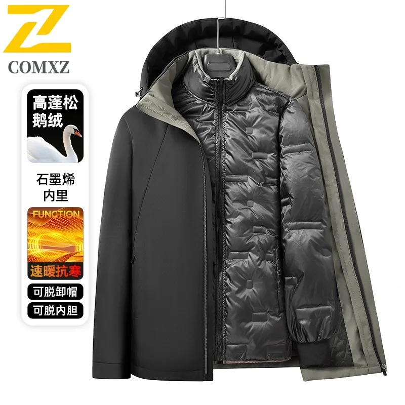 COMXZ 2025 Winter Men Down Jacket New Middle Aged Dad Business Casual Detachable Inner Layer Hood Plush 90% Goose Down Coat