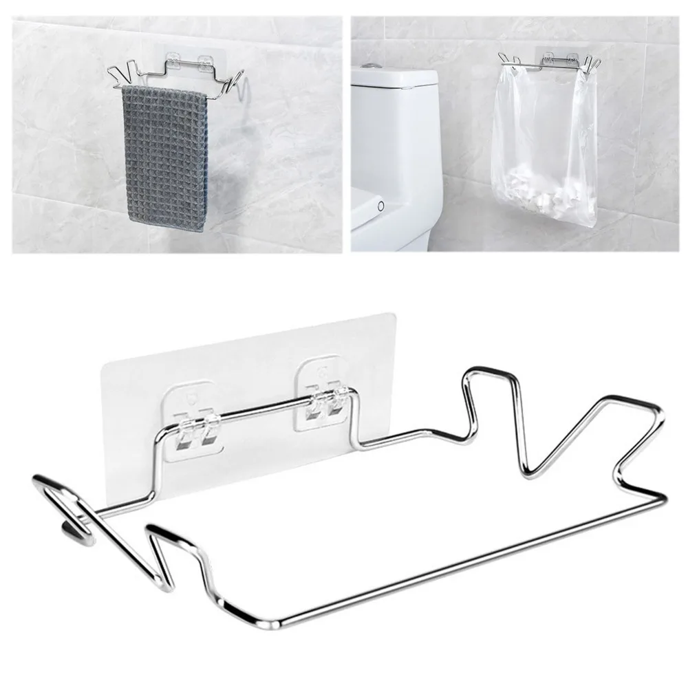 2PCS Stainless Steel Trash Bag Holder With Wall Sticker Base 2.4 x 5.5 x 7.3in Hanging Storage Rack Trash Bag Rack Drawer Back