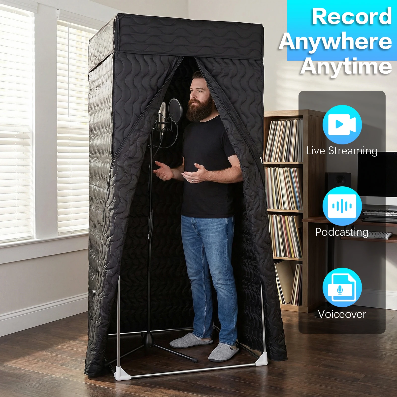

360° Portable Recording Booth Easy Setup Sound Isolation Booth Room with Thick Acoustic Blankets for Studio Singing Podcast