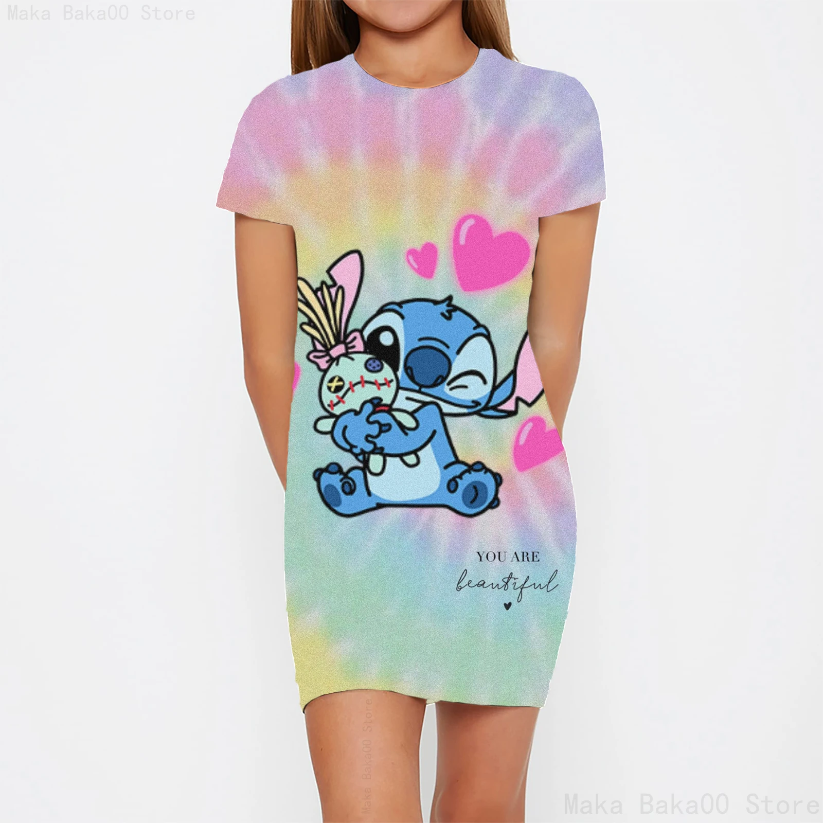 

2024 new Disney Stitch series cute cartoon print spring and summer girls casual loose and comfortable home nightdress