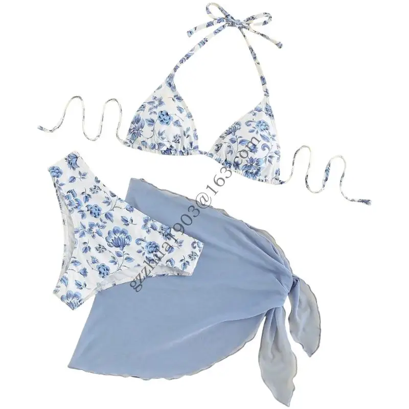 Phụ nữ mặc đồ bơi mảnh với váy che phủ bãi biển phụ nữ in đồ bơi mảnh Halterteck thong Suit .A5KC