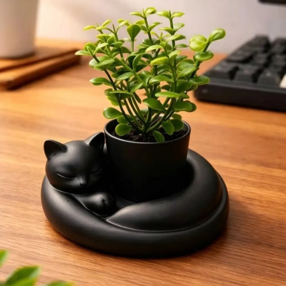 3D Printed Cat Sleeping Flowerpot Plastic Cartoon Animal Shaped Planter Lying Cat Shape Uniquely Cat Desktop Ornament Study Room
