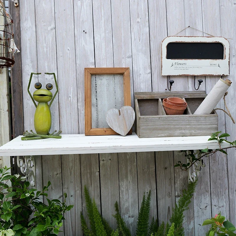 Rustic Farmhouse Wall Shelf with Ornate Brackets, French Country White, Vintage Garden Display Rack