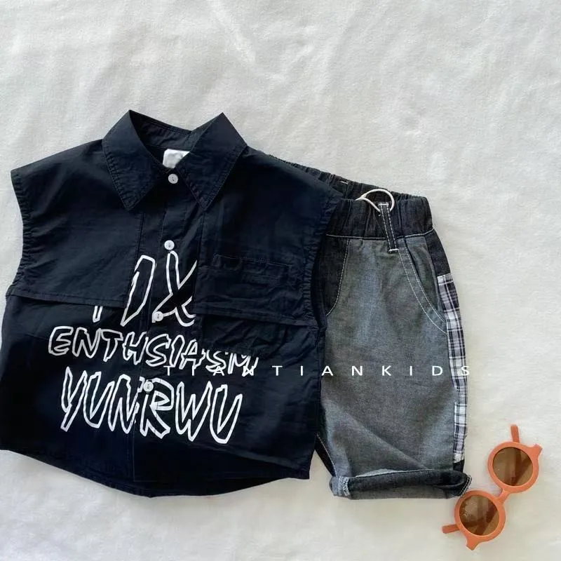 

Boys' Summer Set Children's Sleeveless Printed Shirt Children's New Versatile Pure Cotton Collar Shirt Shorts Two-piece Set