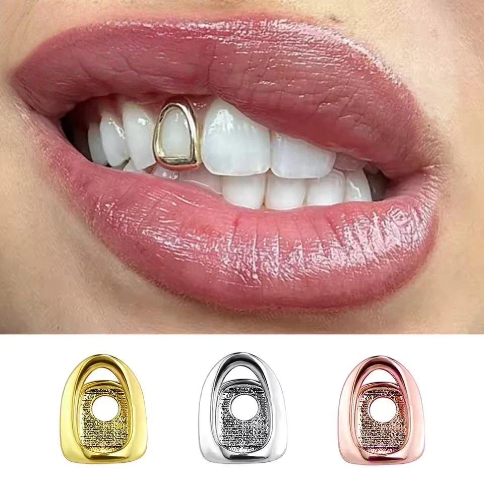 เครื่องประดับฟันแบบกริลล์ซสีทองสำหรับแร็ปเปอร์ฮิปฮอป แบบห่วงเดี่ยว สำหรับฟันบนและล่าง ดีไซน์โปร่ง โดดเด่นมีเอกลักษณ์