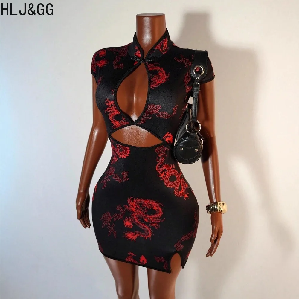 

HLJ&GG Sexy Cheongsam Style Print Hollow Bodycon Mini Dresses Women Short Sleeve Slim Party Club Vestidos Fashion Female Clothes