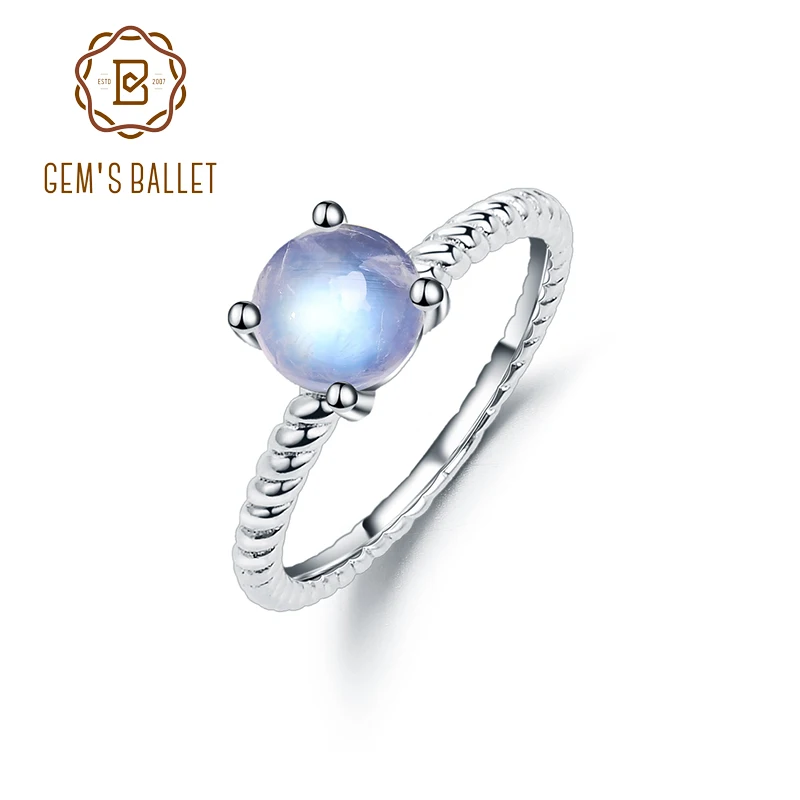 

GEM'S BALLET 6mm Round Vintage Milky Blue Moonstone Ring June Birthstone Ring Engagement Ring in 925 Sterling Silver For Women