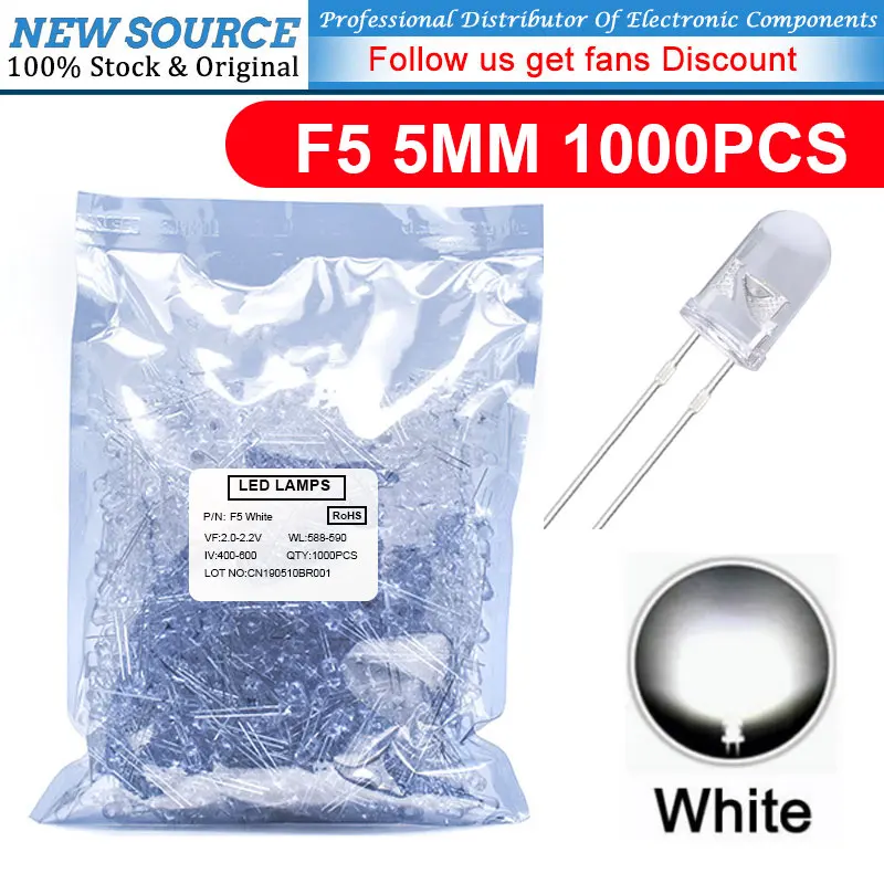 1000pcs F5 5mm White Turn White Light-Emitting-Diode LED Diode FreeShipping Stock