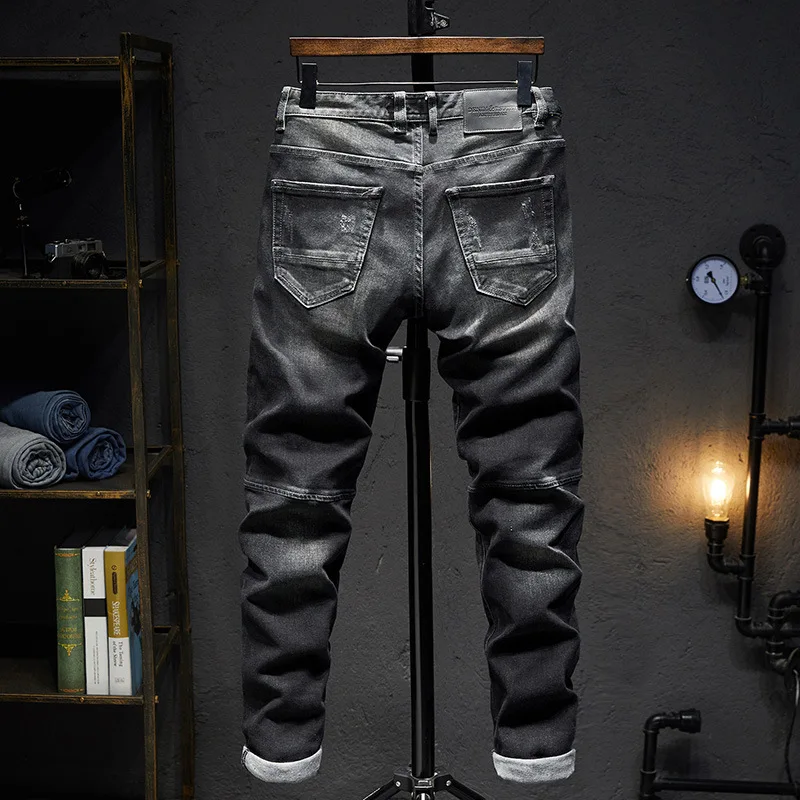 2024Autumn Men's Black Jeans High Quality American Zipper Stitching Stretch Slim Street Fashion Haulage Motor Trousers