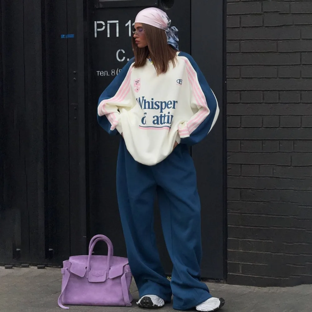 Fashion Contrasting Sweatshirt Pants Suit Autumn and Winter Women Street Y2K Home Outdoor Sports Sweatshirt Wide Leg Pants 2Pcs