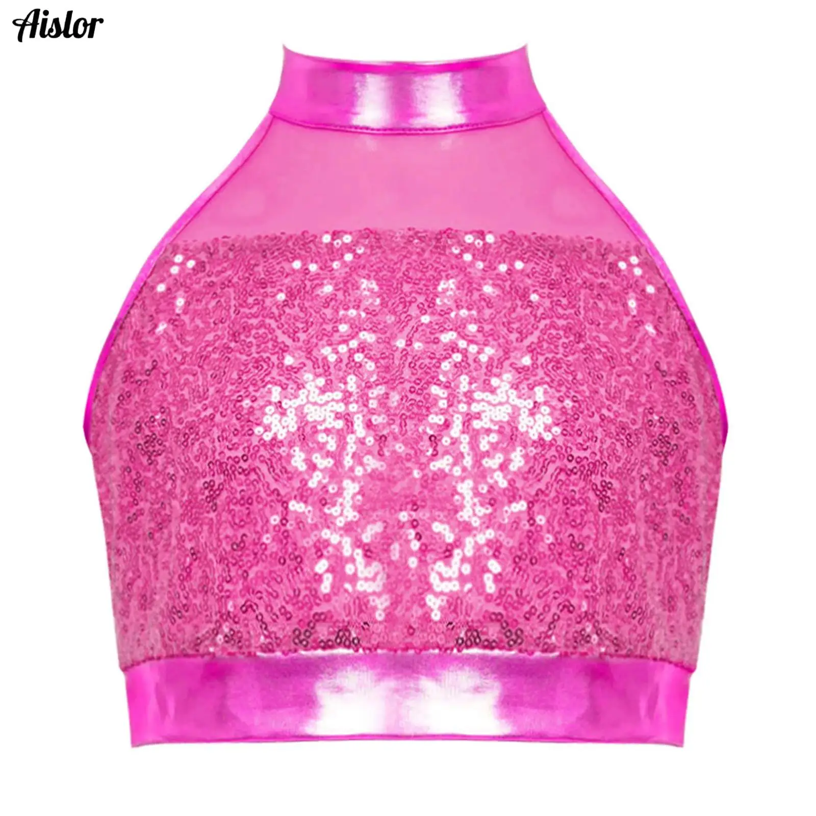 Kids Girls Jazz Latin Dance Performance Tops Vest Sleeveless Mock Neck Glitter Sequin Mesh Patchwork Keyhole Back Tank Crop Top