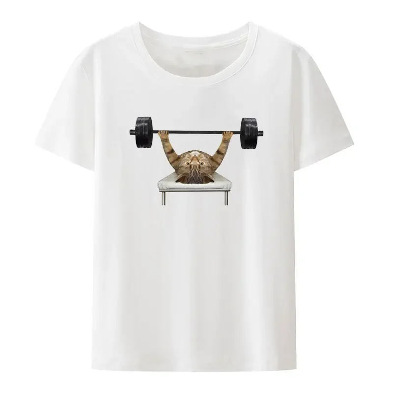 Gym Lover Breathable Cool Camisetas Funny The Beige Cat Athlete Is Doing Exercises with A Barbell on Bench Press Modal T Shirt