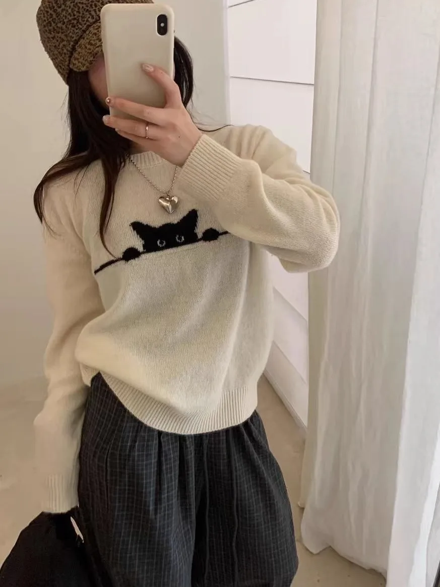 

Early Autumn Cartoon Embroidered Woolen Knitted Sweater Women's Base Layer Top Casual Loose Fit Soft Long Sve