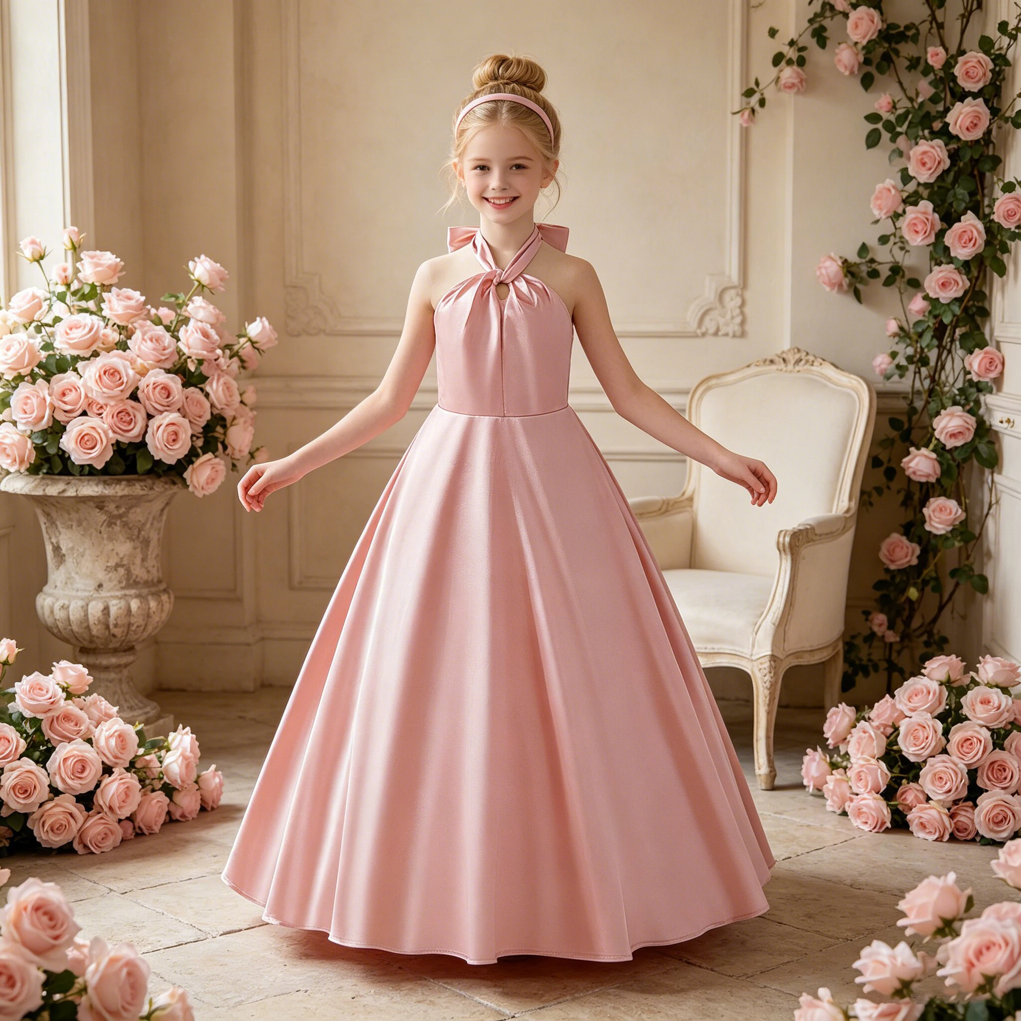 Elegantes Neckholder-Kleid für Brautjungfern, formelle Hochzeit, Party, langes Abendkleid, Mädchen, Schleife, Geburtstag, Abschlussfeier, Prinzessinnenkleider