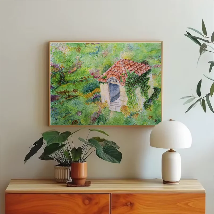 Watercolor Style Green Landscape Canvas Print Wall Art Decor Painting Small House Red Roof Garden Home Living Room