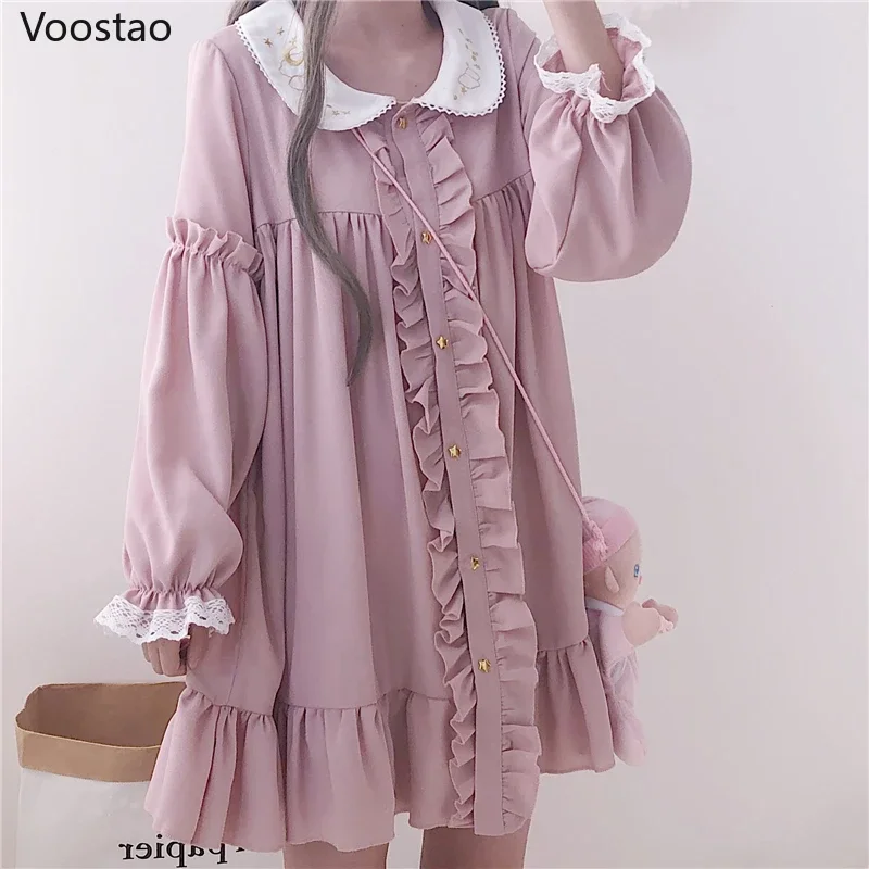 Summer Cute Lolita Dress Women Harajuku Pink Ladies Ruffles Lace Kawaii Party Mini Dresses Lolita Cosplay Sweet Loose Vestidos