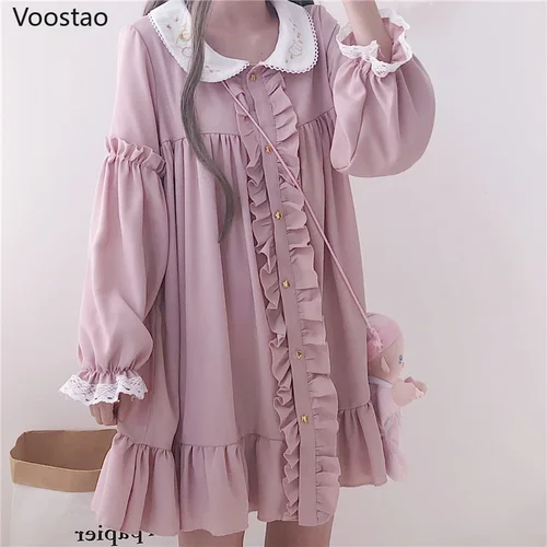 Imagen 1 del producto Vestido de verano de Lolita para mujer, minivestido de fiesta Kawaii de encaje con volantes, rosa, Harajuku, dulce, suelto