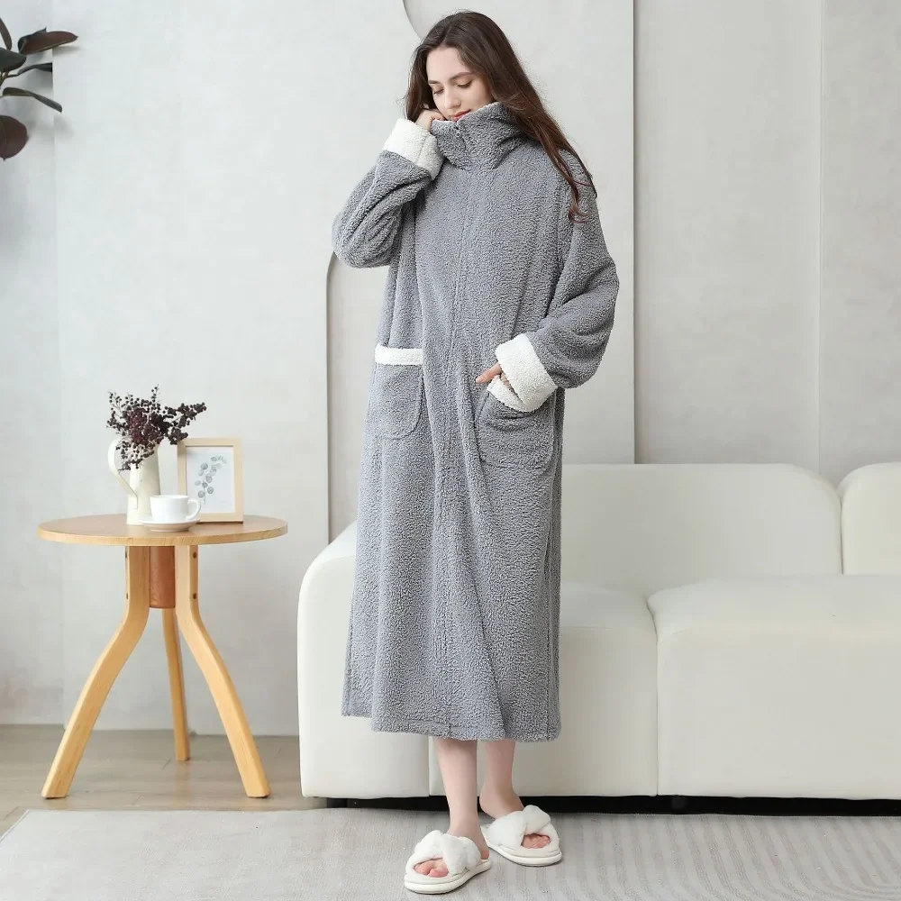 Winter Robes Velvet Couple\'S Home Clothes Zipper Nightdress Tv Blanket Pajamas Soft Warm Pajamas Indoor Outside Wear Bathrobe