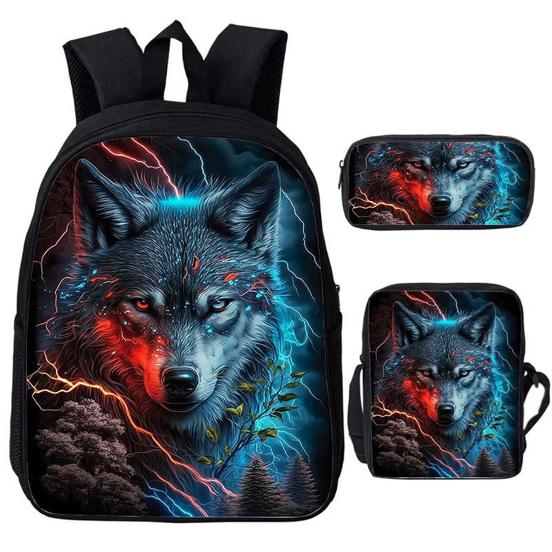 Sac à Dos Cool Wolf avec Impression 3D d'Animaux, Cartable d'École pour Étudiants, Garçon et Fille, Sac à Dos pour Ordinateur Portable, Sacs initiés, Trousse à Crayons, 3 Pièces/Ensemble