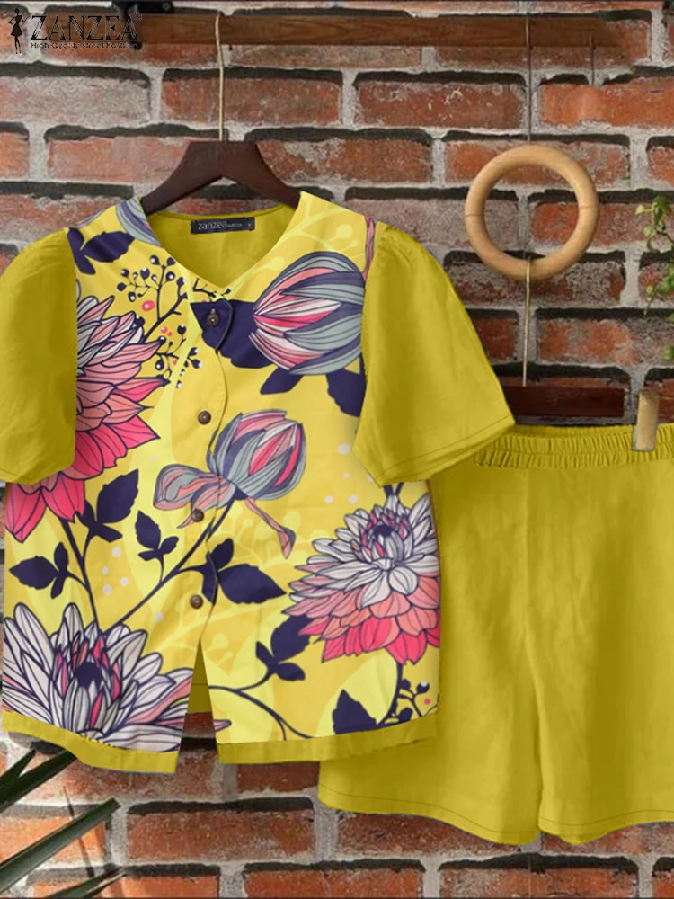 

ZANZEA 2025 Summer Bohemian Short Sets Floral Printed Short Sleeve Top Women Casual Vacation Suits Solid Shorts 2pcs Outfit