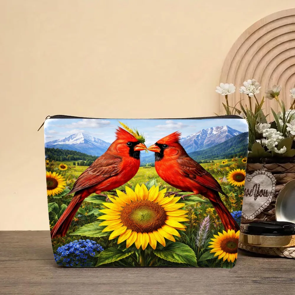 Cardinals Sunflowers Mountains Sky Greenery Makeup Bags for Girls Cosmetic Pouch Toiletry Bag Pencil Case Travel Storage
