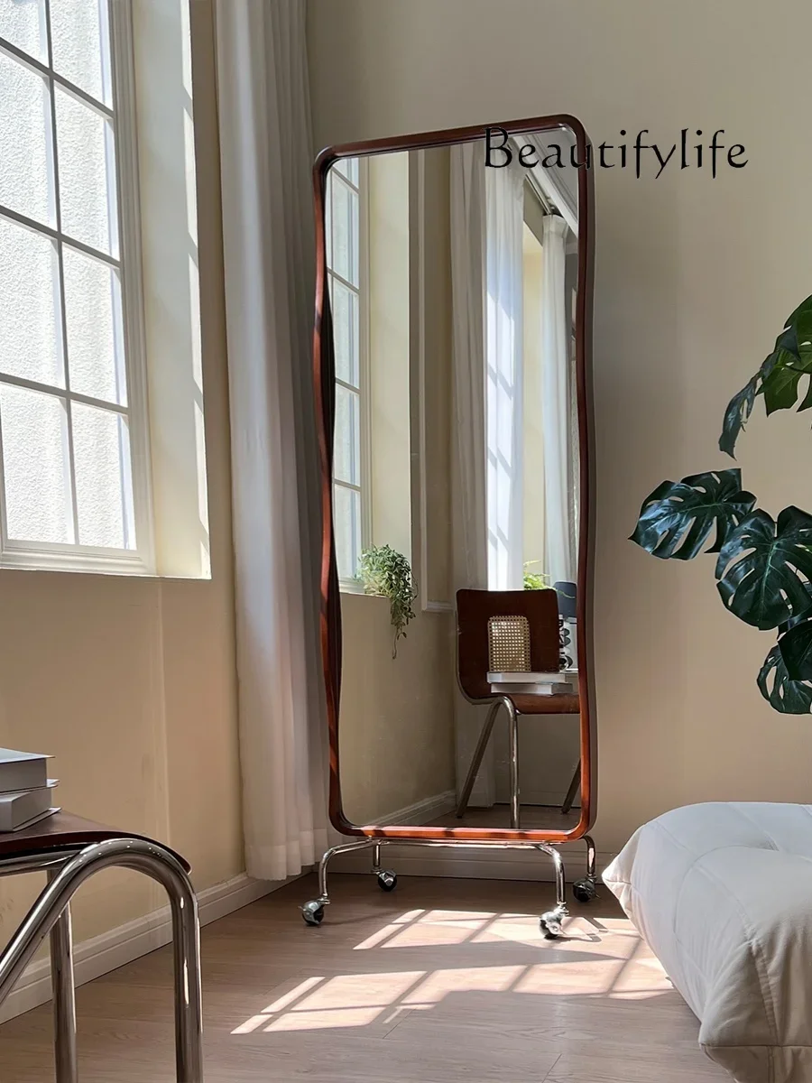 

Retro Solid Wood Wave Dressing Mirror Floor-Standing Chinese-Style Home Full Body Mirror Mobile Storage