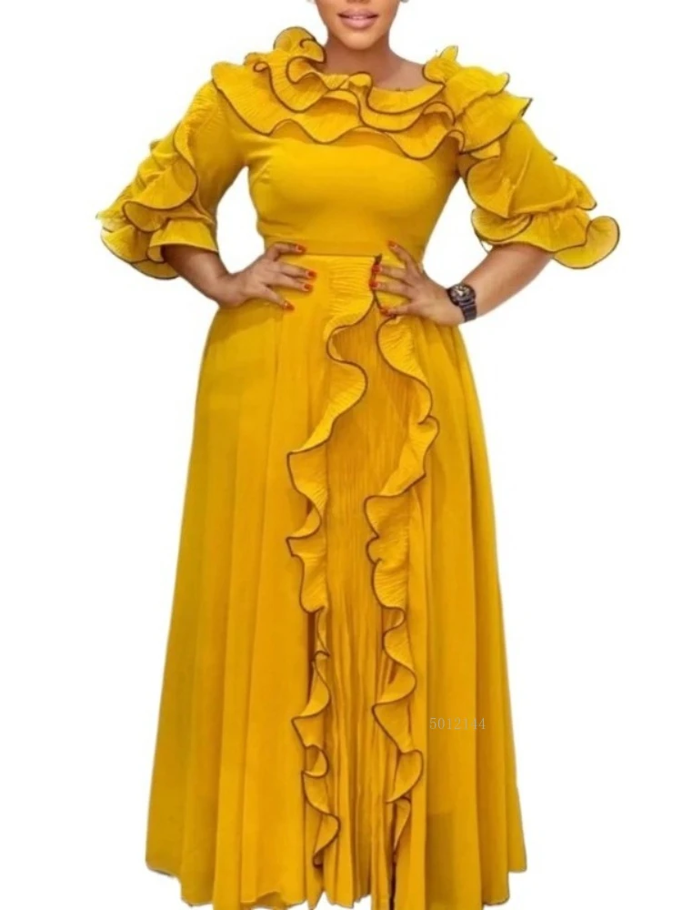 

Elegant A Line Pleated Chiffon Dress Asymmetrical Neck Off Shoulder Puff Sleeve Tierred Ruffles Color Block Autumn Party Outfits