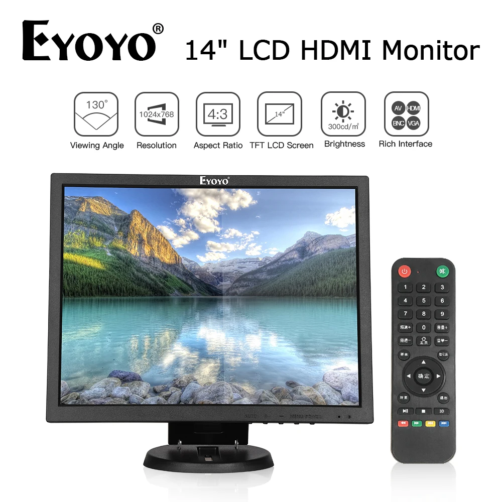 Eyoyo 14 Inch TFT LCD Screen 1024x768 CCTV TV Computer Display For Security PC With BNC HDMI VGA AV Input Raspberry Pi Monitor