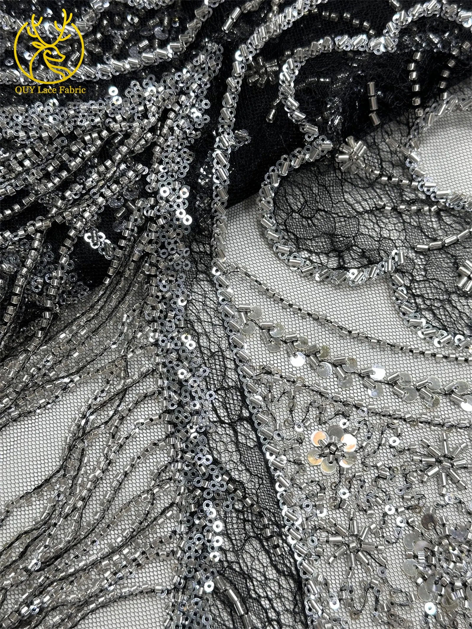 Goldene französische 3D-Laser-Quasten-Perlen-Spitze, luxuriöser afrikanischer Pailletten-Spitzenstoff, nigerianischer Mesh-Spitzenstoff für Damen-Hochzeiten – Detail 21
