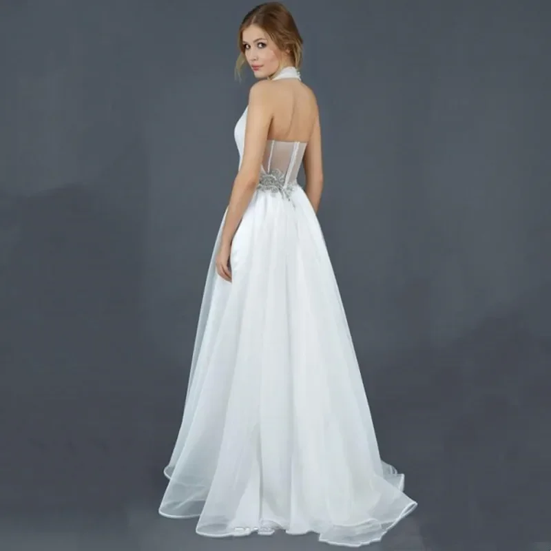Elegant Halter Wedding Pants With Train Sexy Backless Jumpsuits Dress Women For Wedding Sleeveless Vestido De Novia