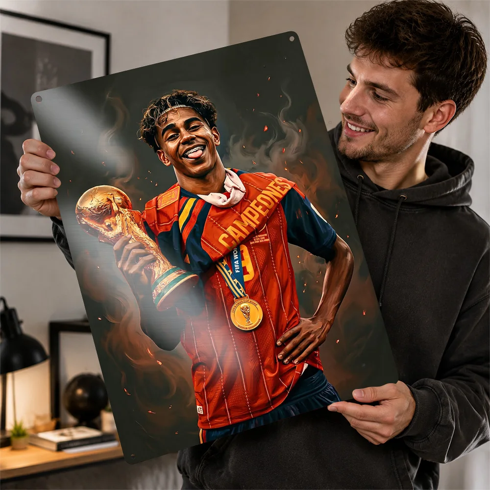 Lamine Yamal Champion Portrait Poster Retro 3D Printed Metal Signs Customized Wall Hanging Gift for Living Room Decoration Items