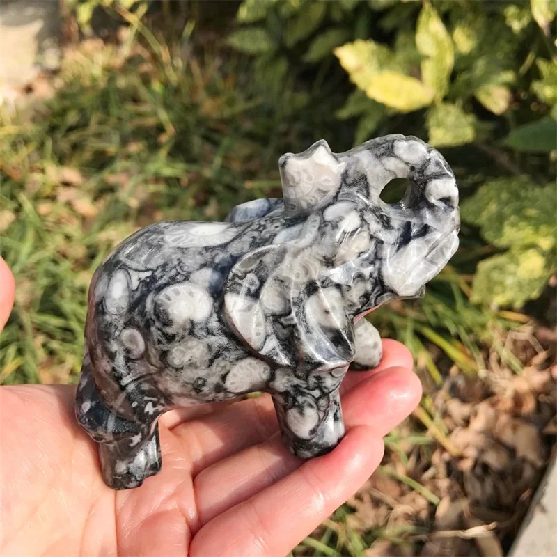 Natural Shellstone Elephant Carving Hand Carved Reiki Healing Stone Figurine Home Ornaments Decor Crafts 1PCS