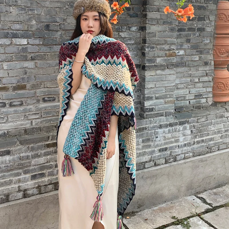 2022 Winter Women Knitted Poncho Shawl Bohe Style Warm Cardigan Capes Ethnic Geometric Fringed Shawls Mohair Pashmina Wool Scarf