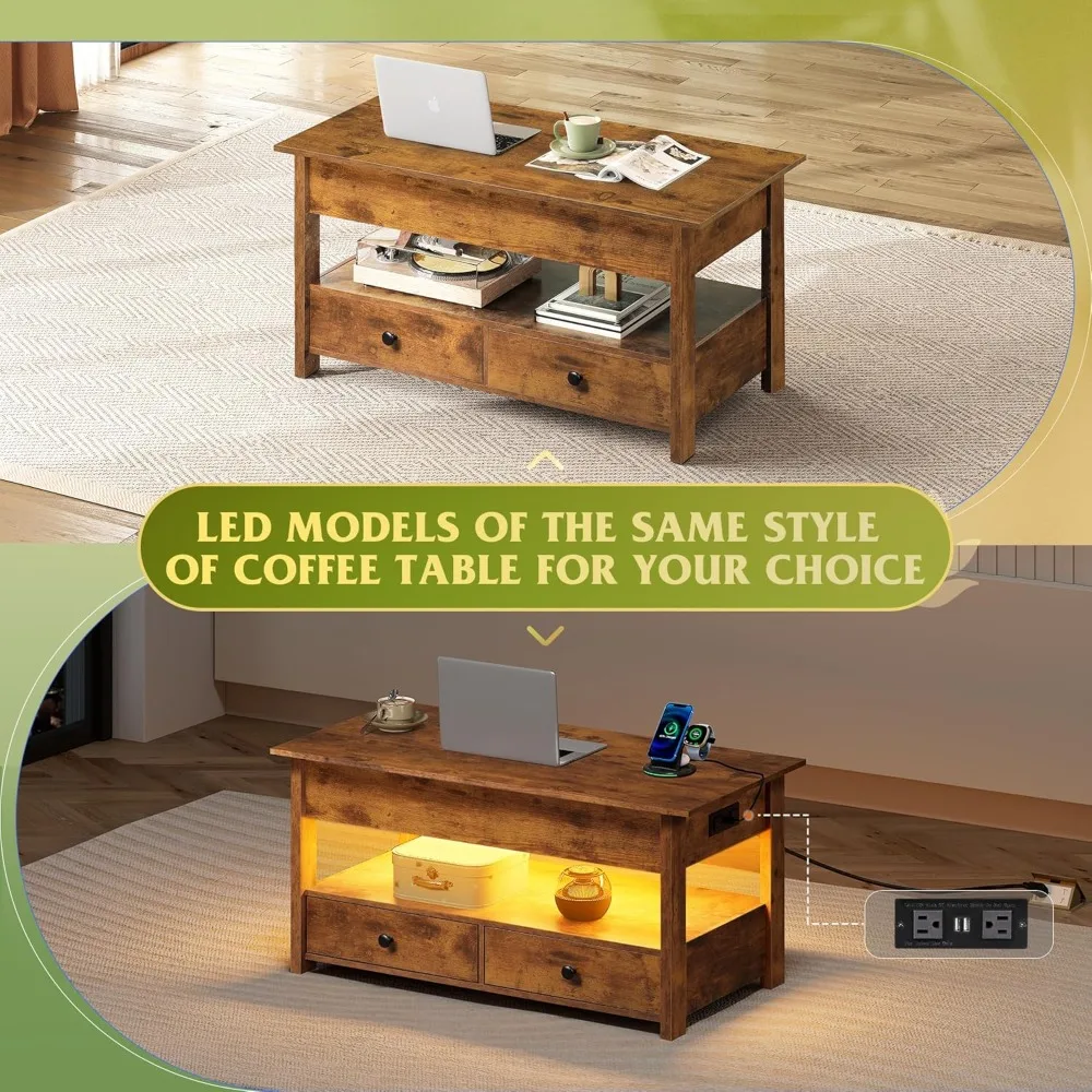 طاولة قهوة، طاولة قهوة قابلة للرفع مع درجين، تخزين كبير ورف مفتوح، سطح طاولة رفع لغرفة المعيشة، ريفي Br