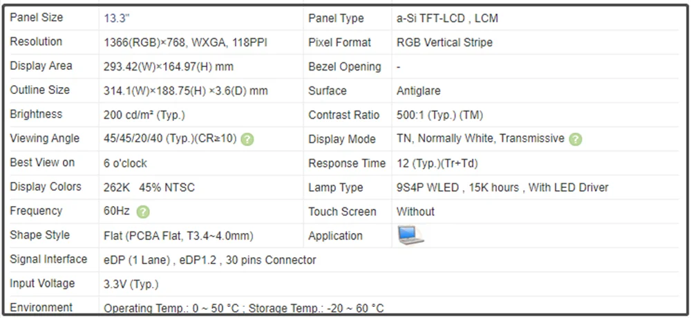 HB133WX1-201 HB133WX1 201 13.3 inch LCD Screen Panel EDP 30pins HD 1366x768 45% NTSC 60Hz DP/N 0NHF74