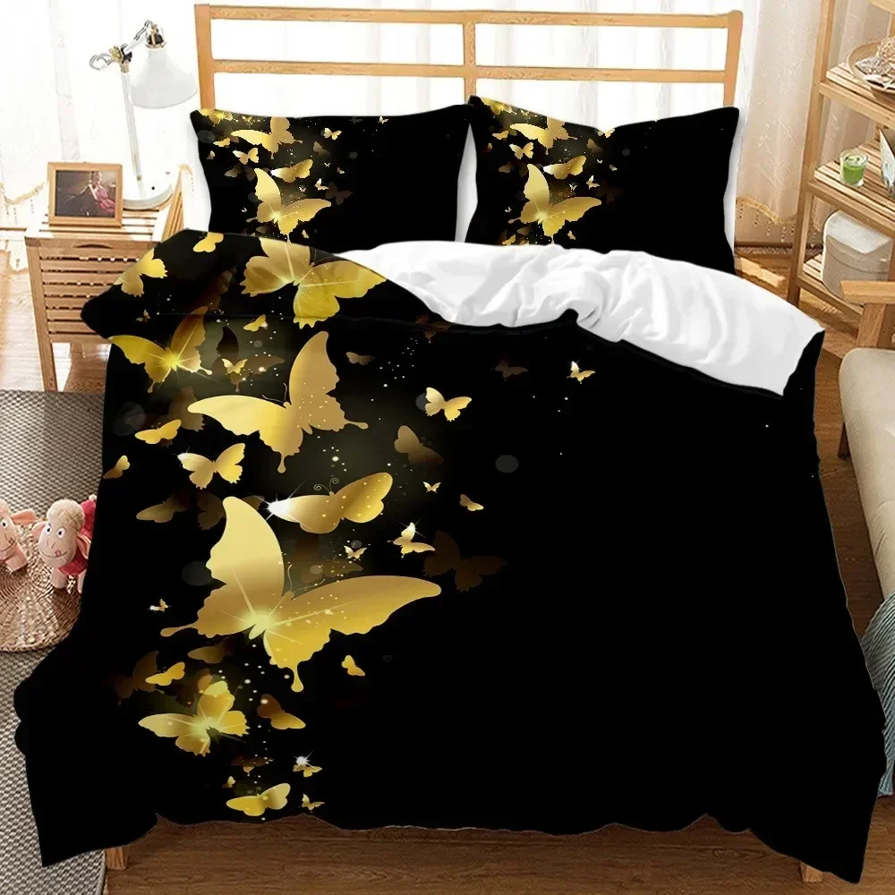 Golden Butterfly Pretty Blue Butterfly Bedding Set Boys Girls Twin Queen Size Duvet Cover Pillowcase Bed Kids Adult
