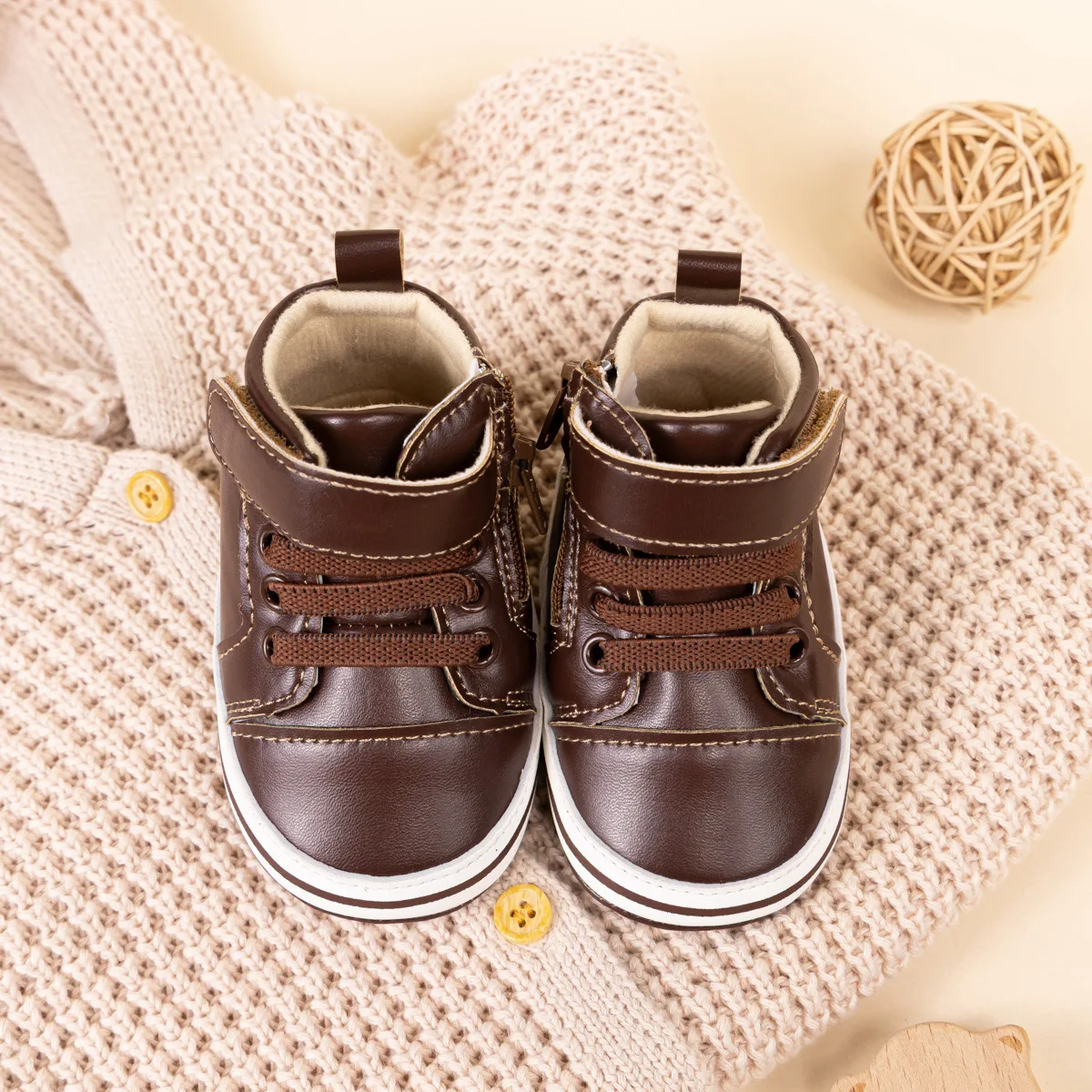 

Kids'Casual Shoes Toddler Solid Color High-top PU Leather Autumn Shoes For Baby Anti-slip Designer Black Brown Size 11-13