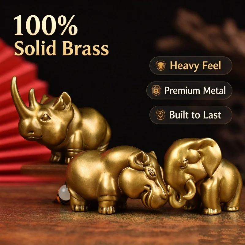 Solid Brass Rhino Hippopotamus Elephant Mini Statue, Handmade Vintage Copper Desktop Ornament Tea Pet Gift for Home Office Decor
