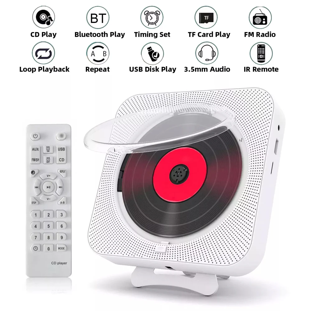 

Portable CD Player Bluetooth Speaker Stereo CD Players LED Screen Wall Mountable CD Music Player with IR Remote Control FM New