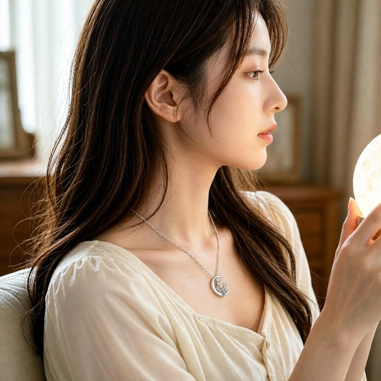 Pretty 925 Sterling Silver Moon Rabbit Crystal Zircon Pendant Necklaces for Women Girls Engagement Party Fashion Jewelry Gifts