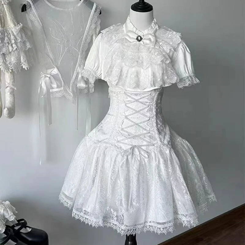Japanischen Gothic Stil Strass Bogen Rock Set Frauen Süße Spitze Rüschen Shirts Schlank Bandage Mini Rock Weibliche Lolita Y2k Outfits
