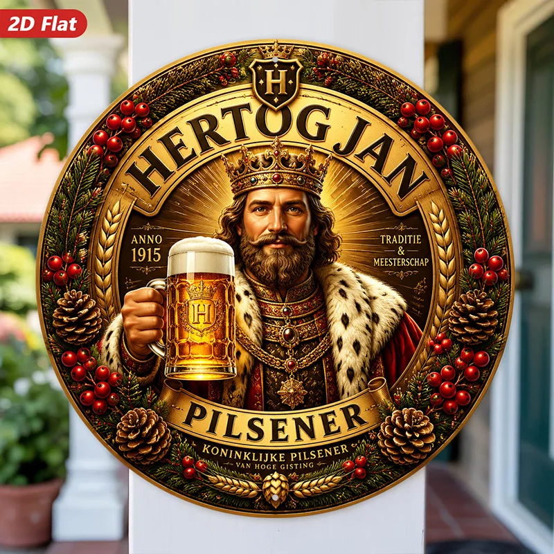 2D Flat, [2D Flat] 2D Flat Print 1pc Round Metal Iron Sign Royal Beer Crest Wall Art, Hertog Jan Lettering, Crowned Bearded