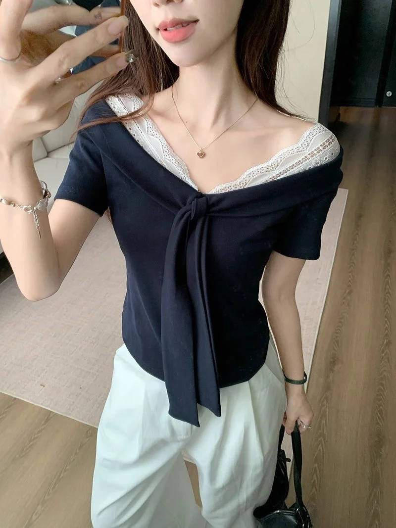 Sweet Lace Shoulder Wrap Short Sleeve T-Shirt Women's Summer New Salt System Small  Knot Top Ins Korean Style Slim Fit