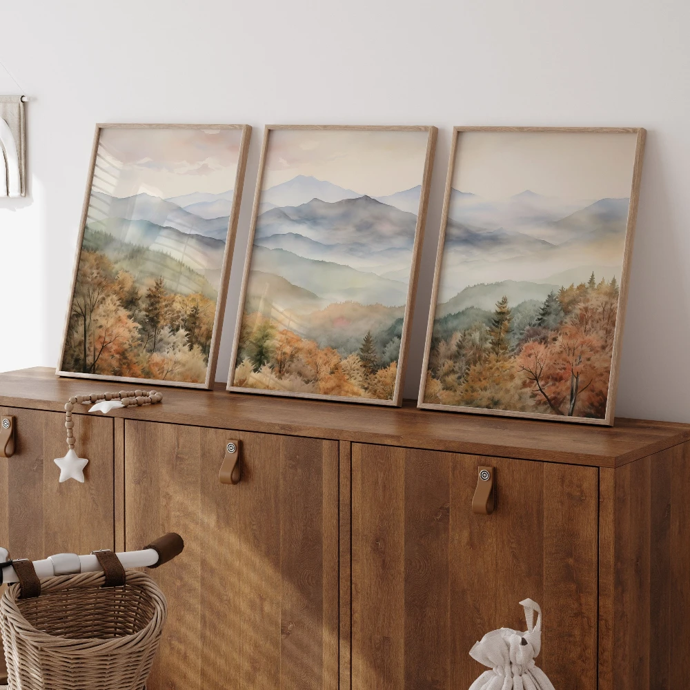 Lot de 3 tableaux sans cadre, triptyque paysager Japandi, art mural nature, toile scandinave, ensemble de 3 pièces d'art japonais