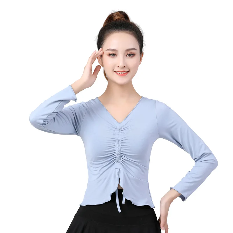 

New Women Latin Dance Tops Waltz Samba Sexy V-neck Long Sleeve Shirts Professional Dance Fashion Loose Ballroom Practice Wear