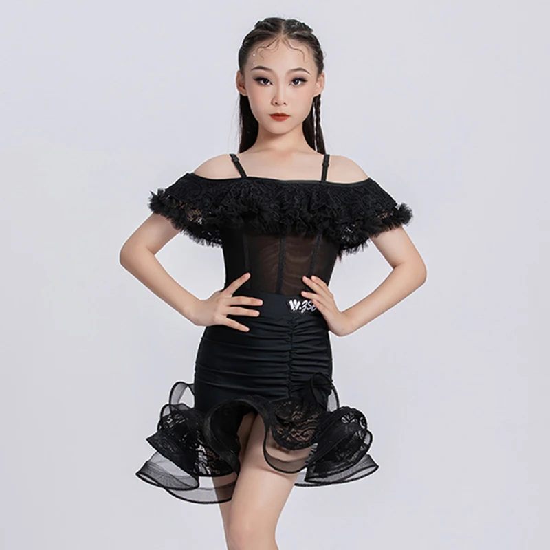 

Latin Dance Costume Girls Dancing Competition Suit Samba Rumba Clothing Cha Cha Practice Clothes Lycra Latin Skirt Black VDL2001