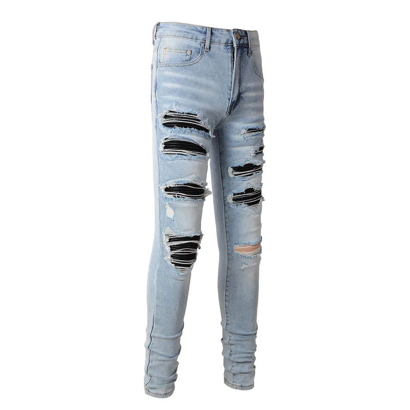 Herren Schwarze Plissierte Patch-Biker-Jeans Streetwear Hellblaue Stretch-Denim-Hose Zerrissene Skinny Tapered Hose – Detail 4