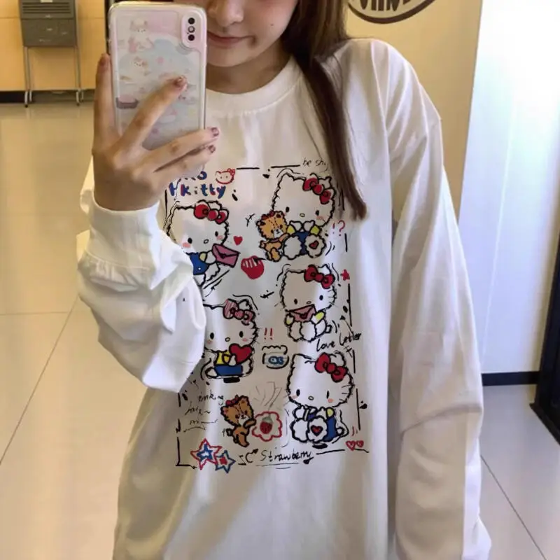 Детская хлопковая футболка с длинными рукавами и принтом Kawaii Anime Kitty Cat Anime Miniso, милая женская повседневная свободная толстовка с капюшоном, игрушки