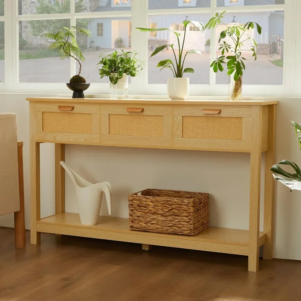 Rattan Console Table, Boho Entryway Table with Storage, Narrow Long Sofa Table with Open Shelf